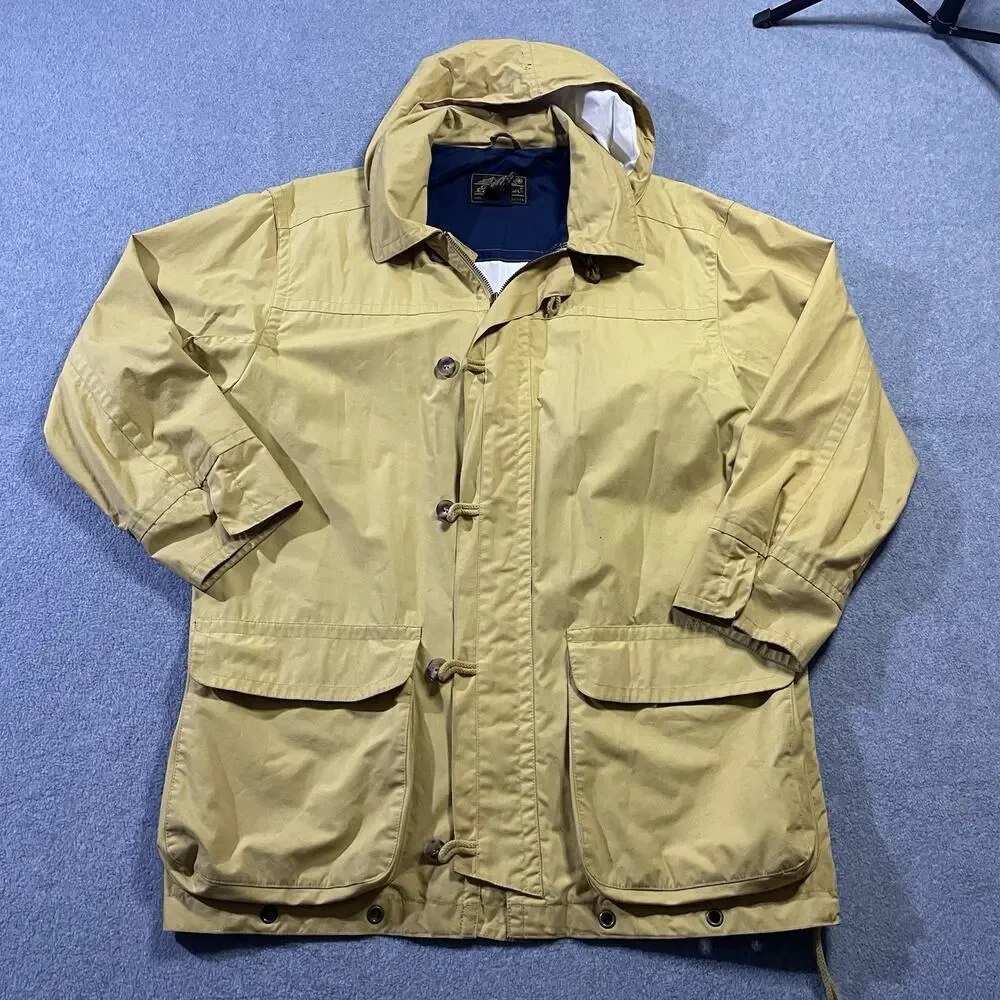 Vtg Eddie Bauer Field Jacket Mens Small Yellow Cotton Toggle Hooded Parka 90s